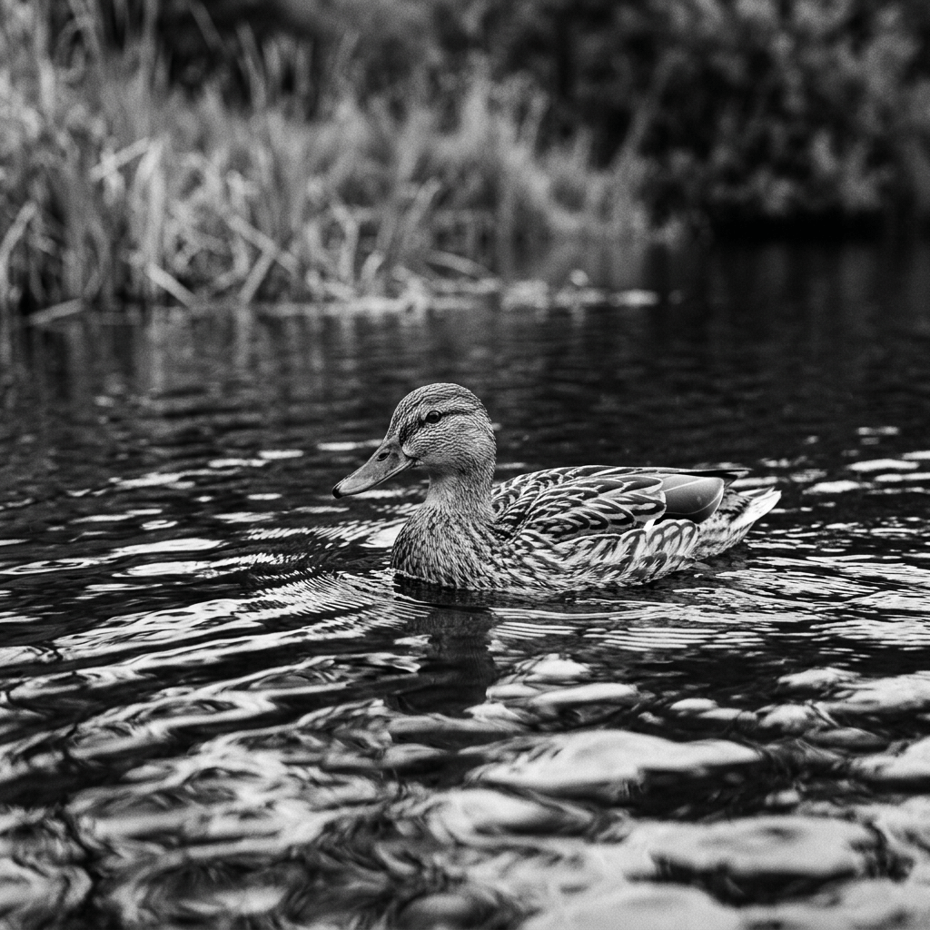 Duck swimming on water with ripples in black and white