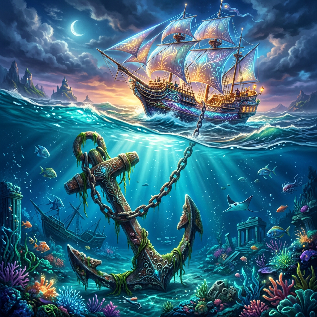 Decorated sailing ship above water with large anchor and underwater ruins surrounded by colorful coral and fish